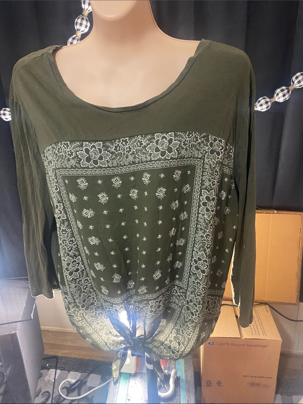 Soho Olive Green Bandana-Print Tie-Front Tunic Top